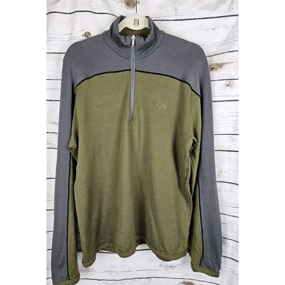 Icebreaker 320 Sport 1/4 Zip Pullover Mens L Merino Wool Base Layer Green Gray - Picture 1 of 8